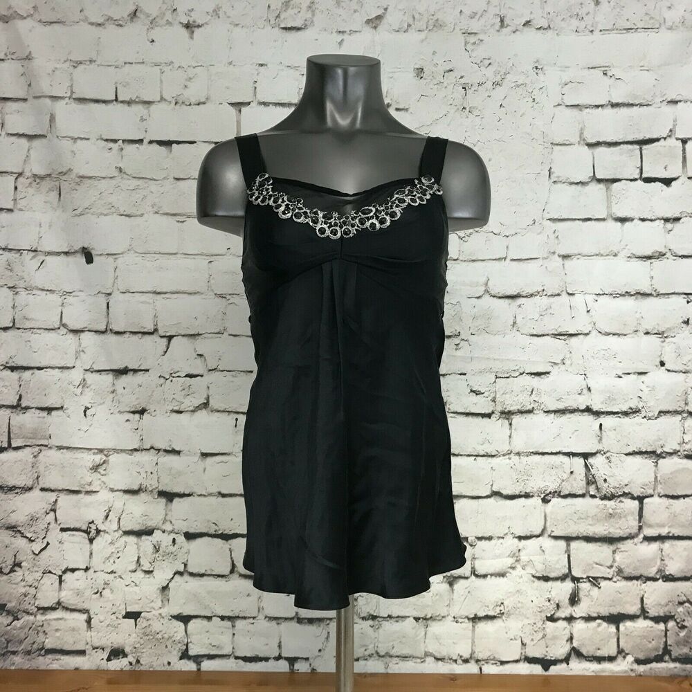 Diane Samandi Women's Camisole Cami 100% Silk Black Beaded Mesh Size Medium M